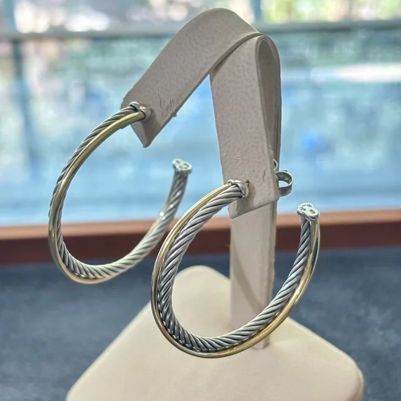 David Yurman 925 & 18k Gold Crossover Cable Hoop Earrings 1.75" - Picture 6 of 8